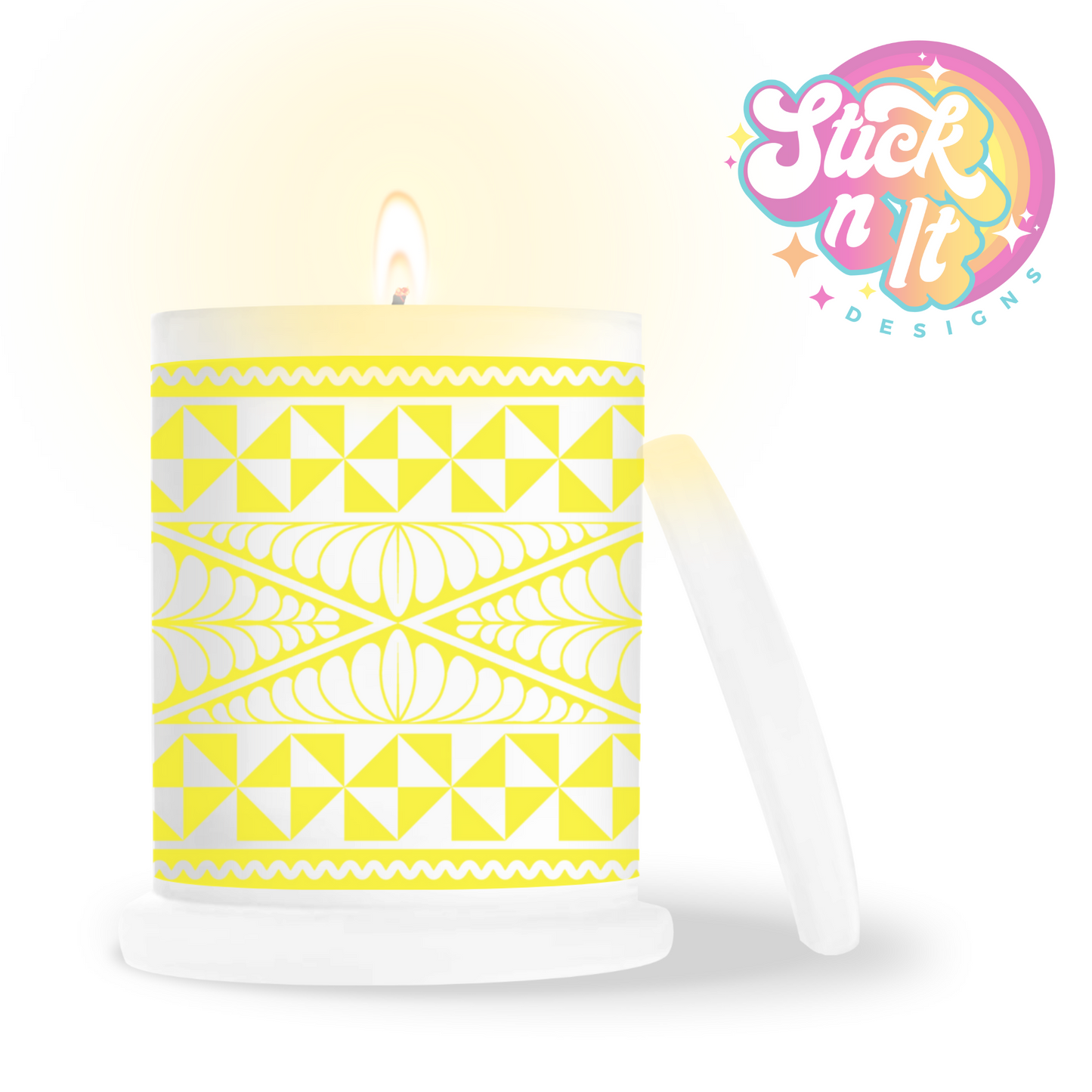 Frosted candle jar featuring a Polynesian Tongan design in yellow
