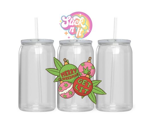 420 themed stainless steel insulated tumbler featuring Christmas decorations and cannabis leaves and quote Merry Christmas get lit