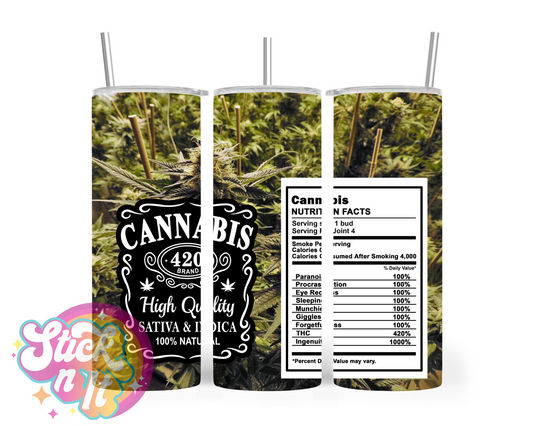 420 themed stainless steel insulated tumbler featuring cannabis plants and nutritional panel