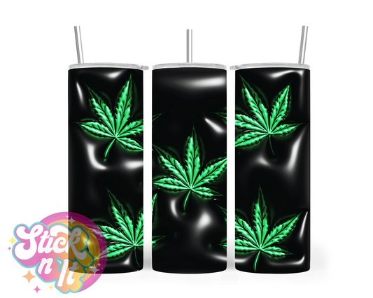 420 themed stainless steel insulated tumbler featuring green cannabis leaves on black background