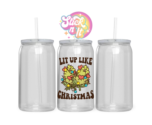 420 themed stainless steel insulated tumbler featuring cannabis buds and quote Lit up like Christmas
