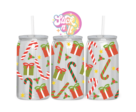 Acrylic cup featuring Christmas gift boxes and candy canes