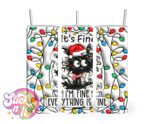 Stainless steel insulated tumbler featuring a cat tangled in Christmas lights and quote It's fine I'm fine Everything is fine