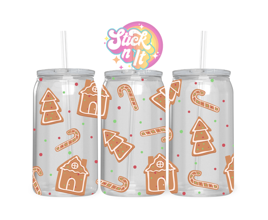Acrylic cup featuring cookie shaped gingerbread houses and Christmas trees