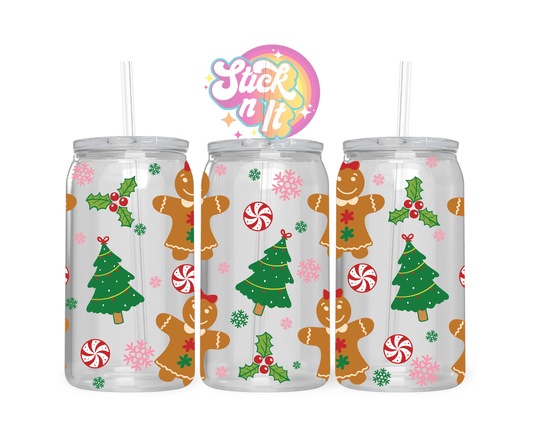 Acrylic cup featuring gingerbread girls and Christmas trees