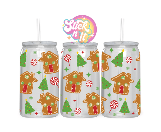 Acrylic cup featuring gingerbread houses and Christmas trees