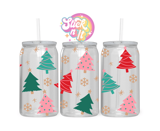 Acrylic cup featuring bright coloured Christmas trees