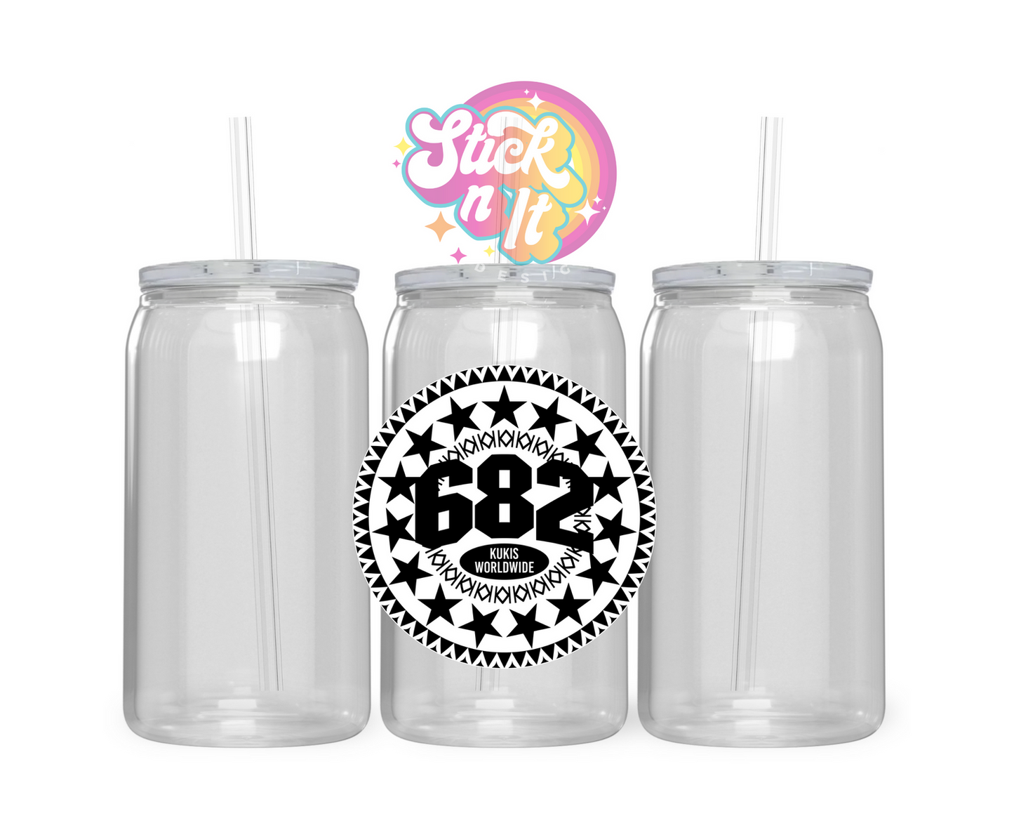 Acrylic cup featuring Cook Island 15-star design with 682 and Kukis Worldwide in black and white