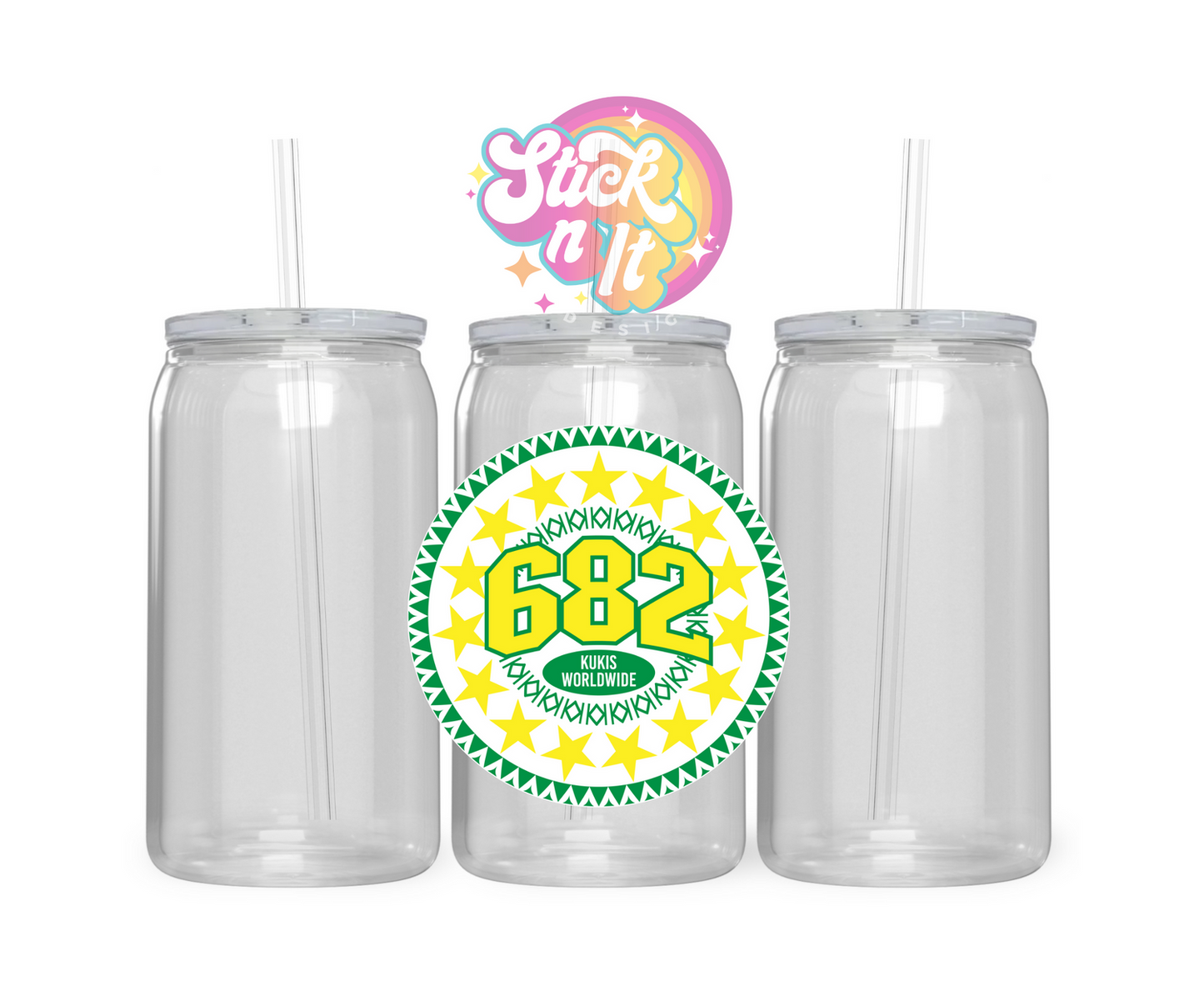 Acrylic cup featuring Kukis Worldwide 682 and 15 stars 