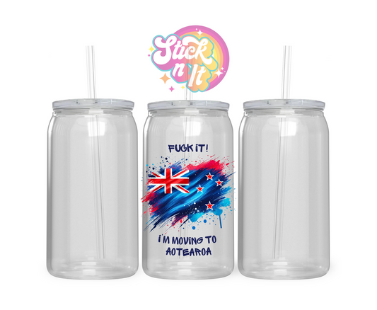 Acrylic cup featuring a watercolour style Aotearoa flag with quote Fuck it! I'm moving to Aotearoa
