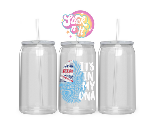 Acrylic cup with watercolour style fingerprint shaped Fiji flag with quote It's in my DNA 
