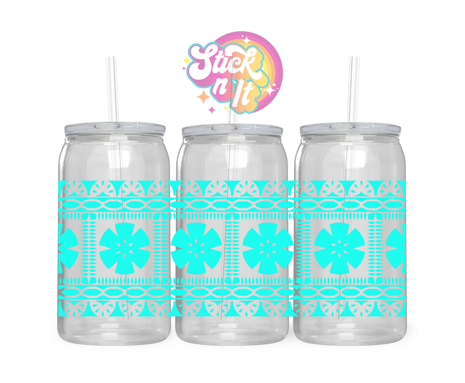 Acrylic cup featuring a Melanesian Fiji design in aqua