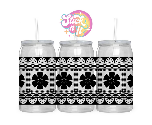 Acrylic cup featuring a Melanesian Fiji design in black
