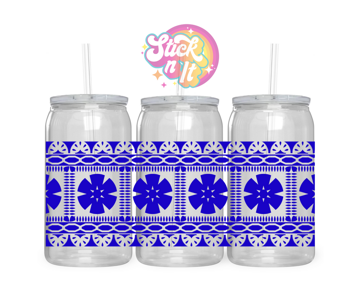 Acrylic cup featuring a Melanesian Fiji design in blue