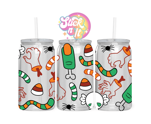 Acrylic cup featuring Halloween candy pieces