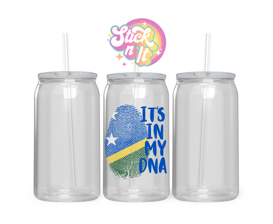 Acrylic cup with watercolour style fingerprint shaped Solomon Islands flag with quote It's in my DNA 