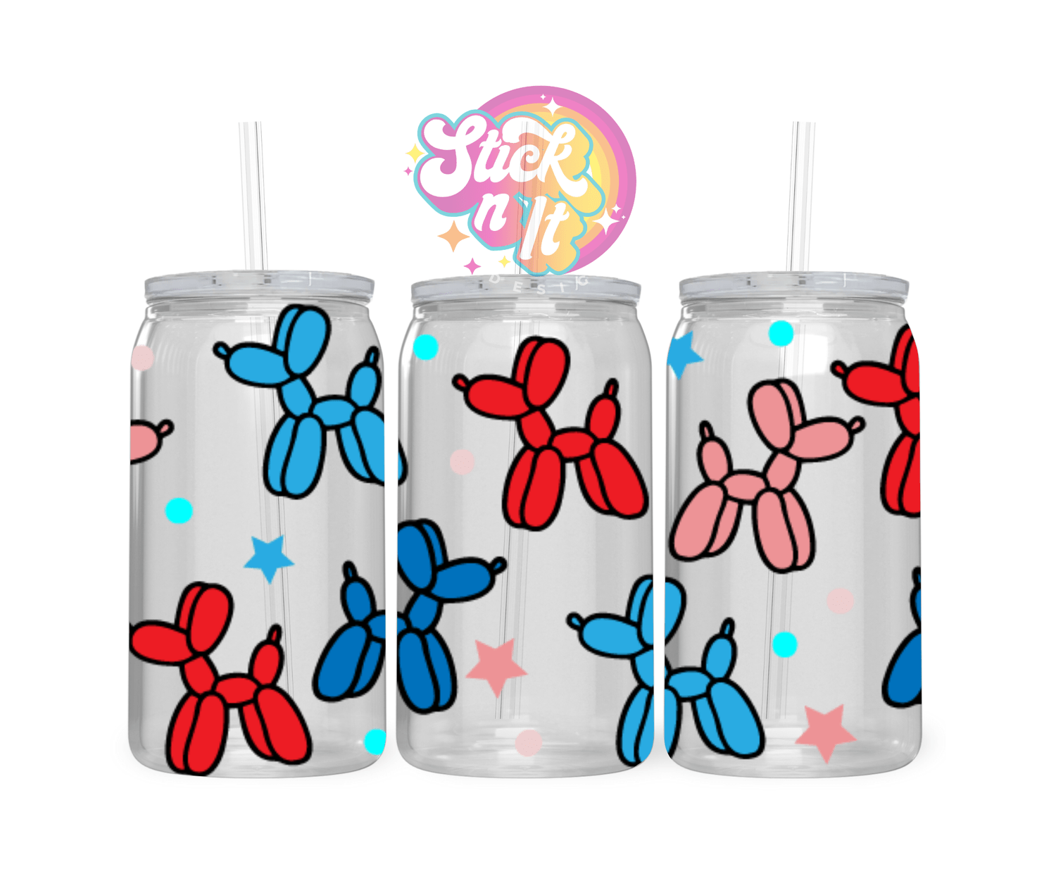 Acrylic cup featuring balloon dogs in blue, red and pink