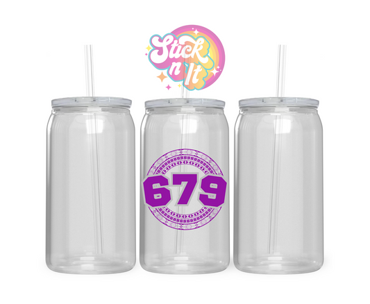 Acrylic cup featuring a Pacific Islands Fiji design with area code 679 in purple.