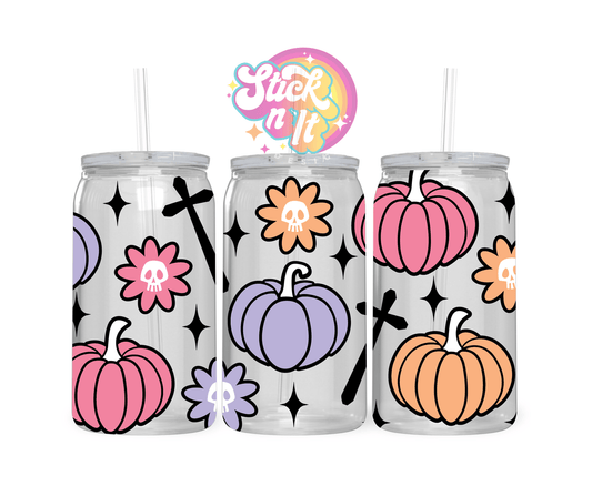 Acrylic cup featuring cute pumpkins, skull flowers 