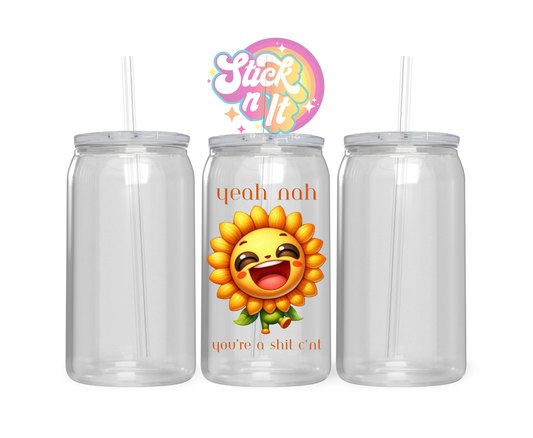 Acrylic cup featuring cute cartoon sunflower and quote Yeah nah