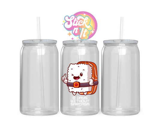 Acrylic cup featuring piece kawaii sushi and quote 0 days without sarcasm