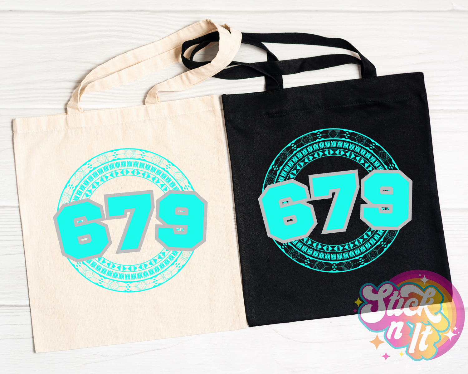 Tote bags featuring a Pacific Islands Fiji design with area code 679 in aqua