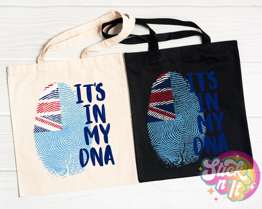 Tote bags featuring quote It's in my DNA with fingerprint shaped Fiji flag