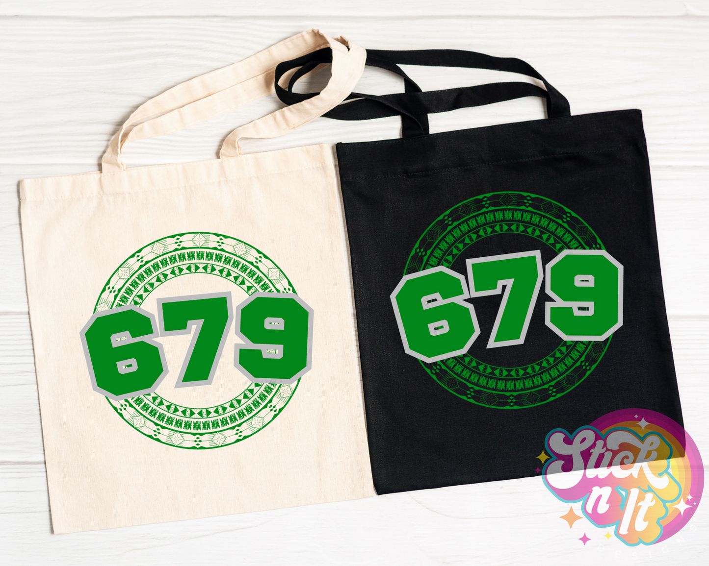 Tote bags featuring a Pacific Islands Fiji design with area code 679 in green