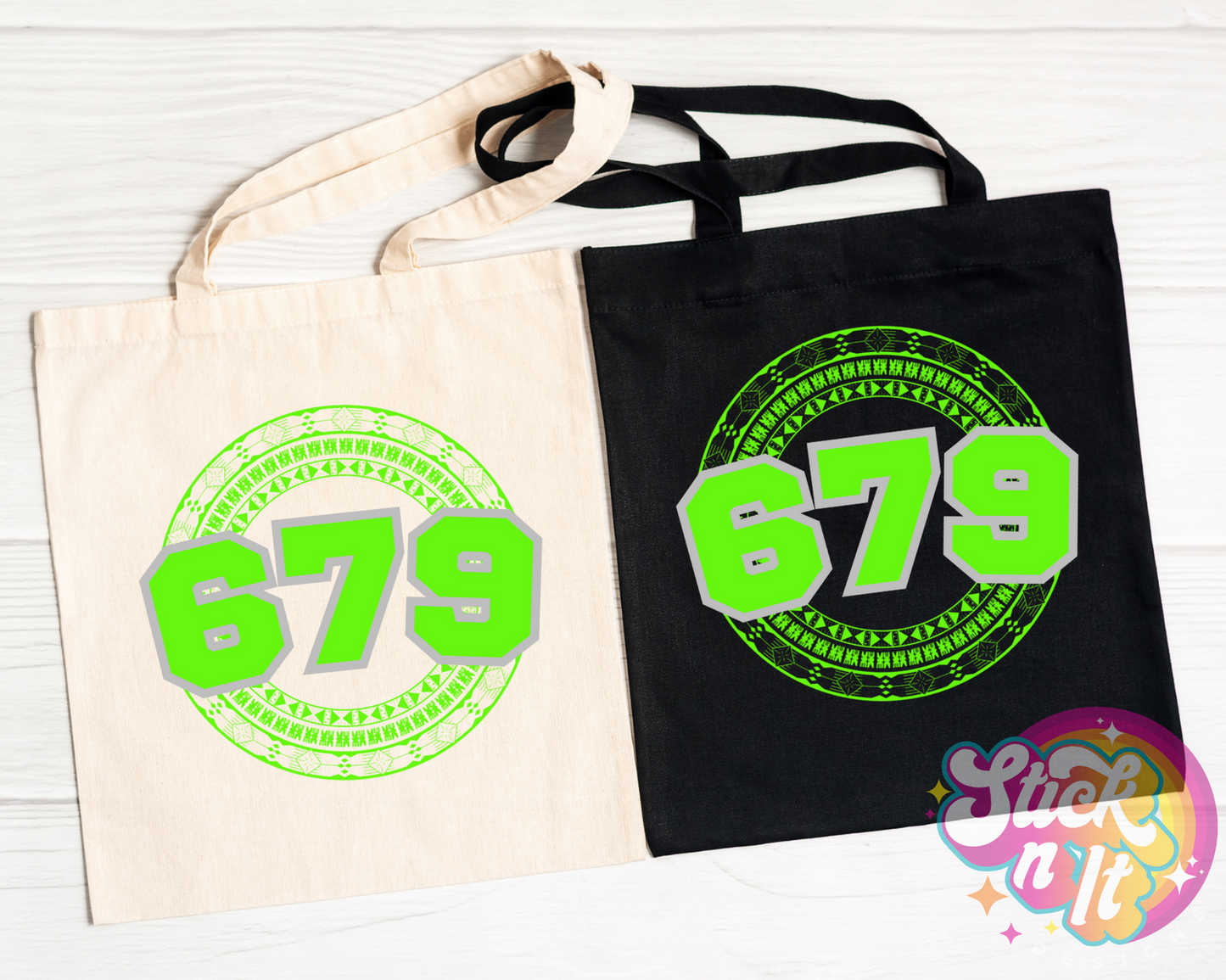 Tote bags featuring a Pacific Islands Fiji design with area code 679 in lime