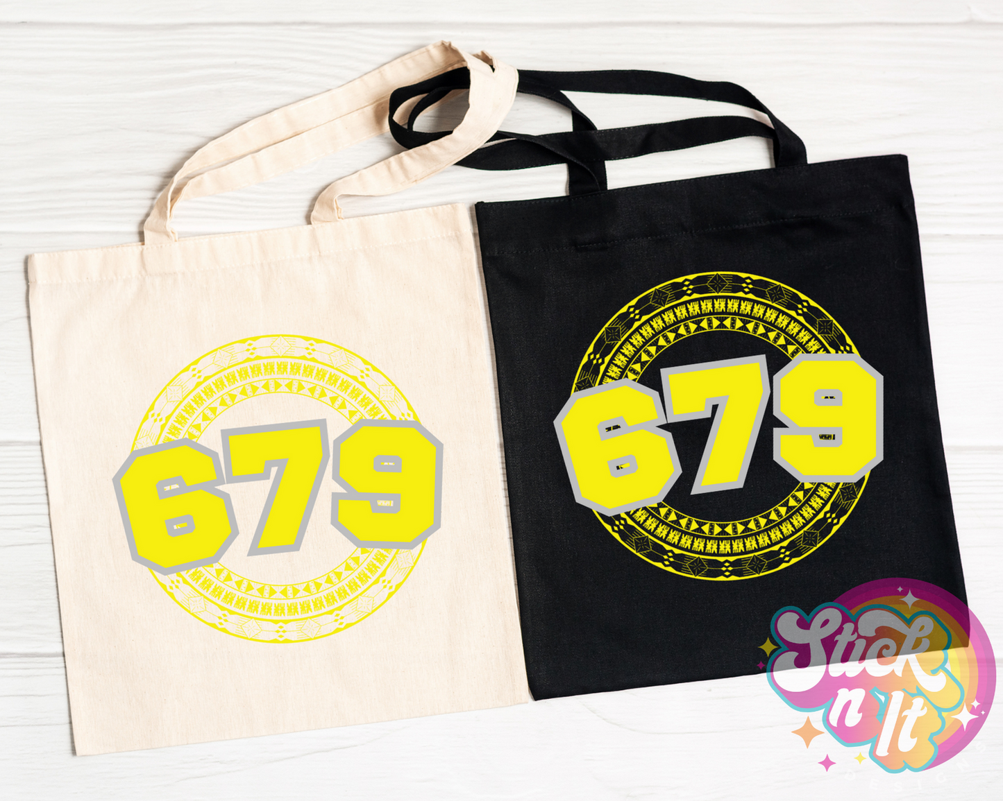 Tote bags featuring a Pacific Islands Fiji design with area code 679 in yellow