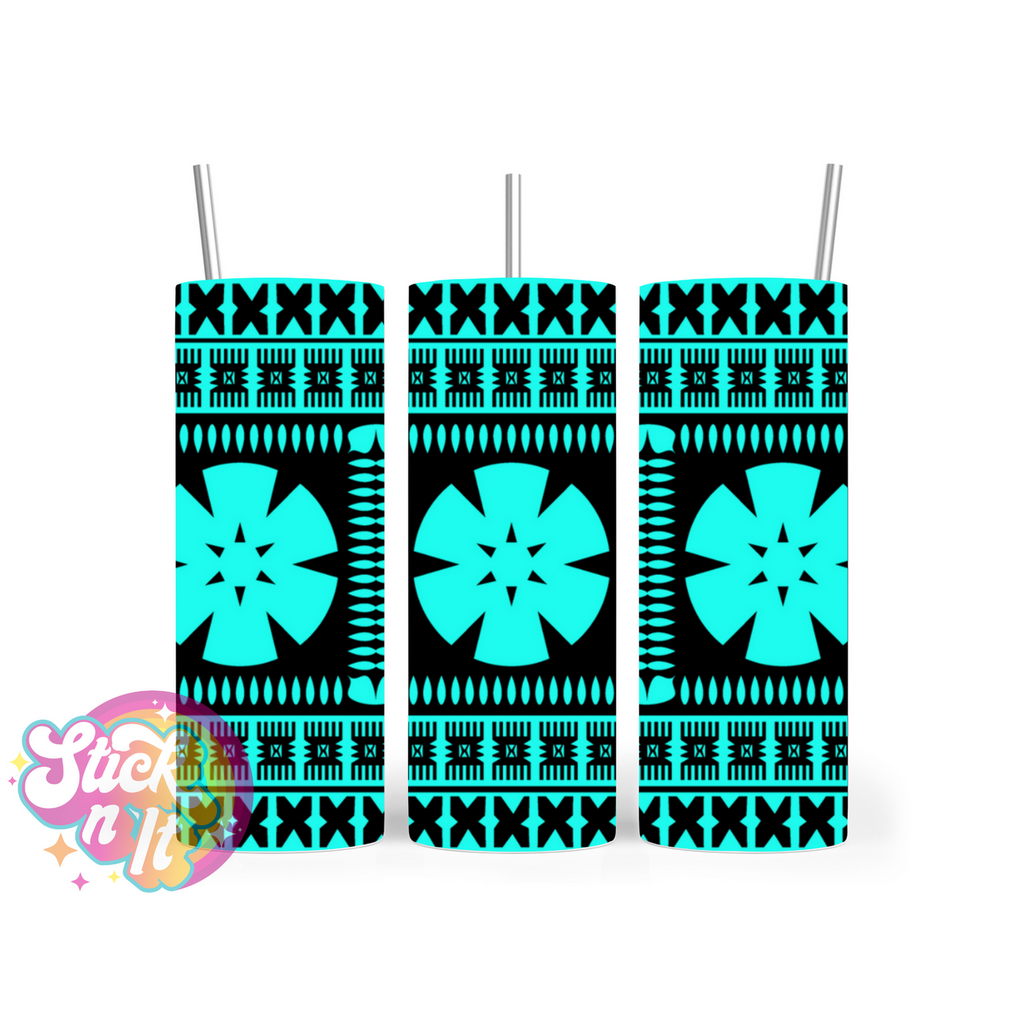 Stainless steel insulated tumbler featuring Fijian Polynesian design in aqua