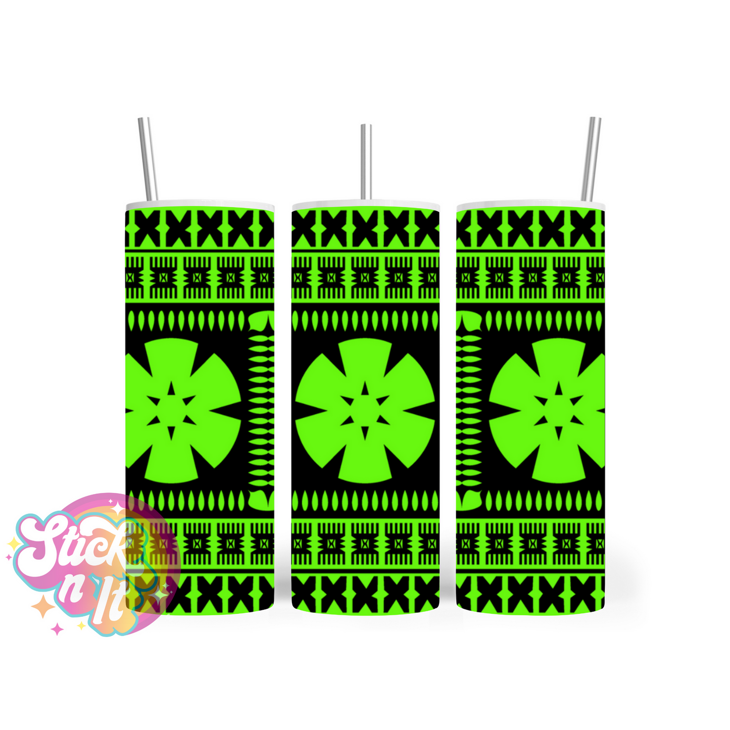 Stainless steel insulated tumbler featuring Fijian Polynesian design in lime