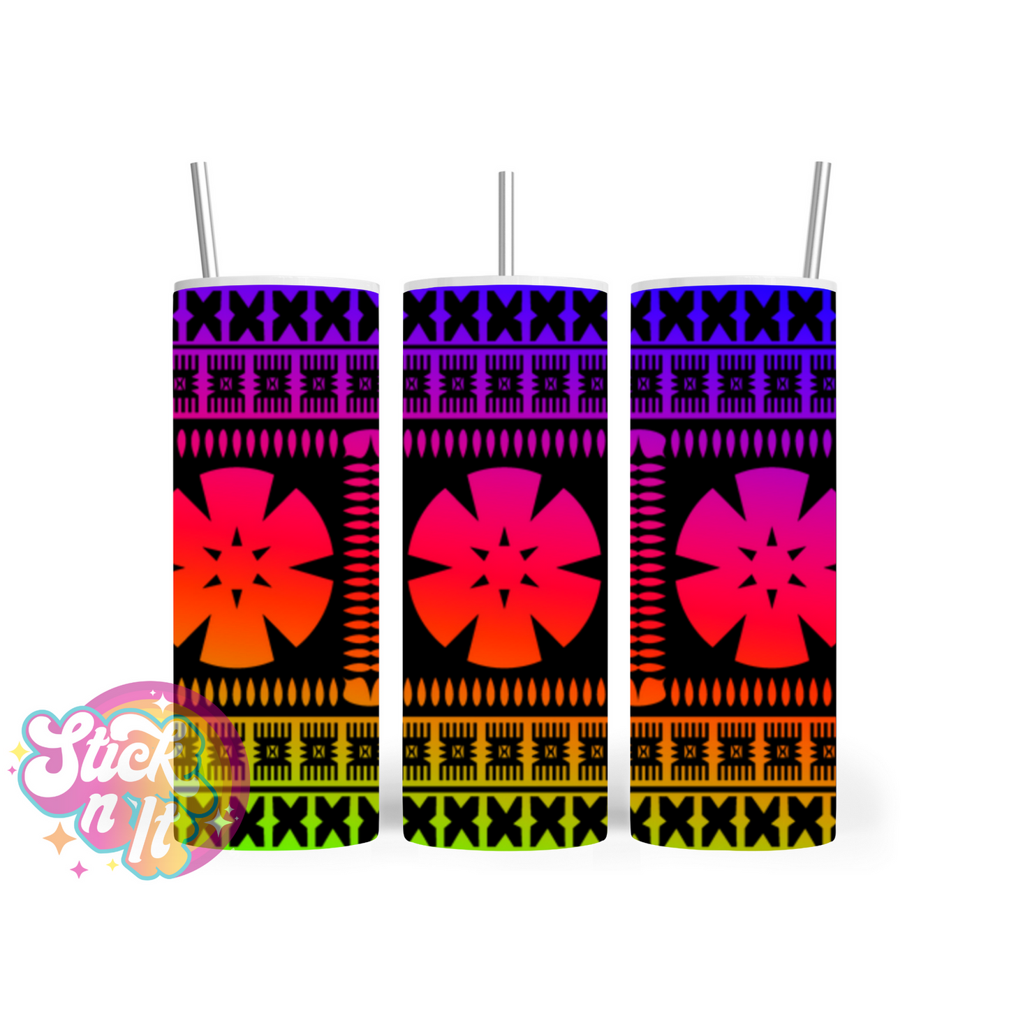 Stainless steel insulated tumbler featuring Fijian Polynesian design in neon and black