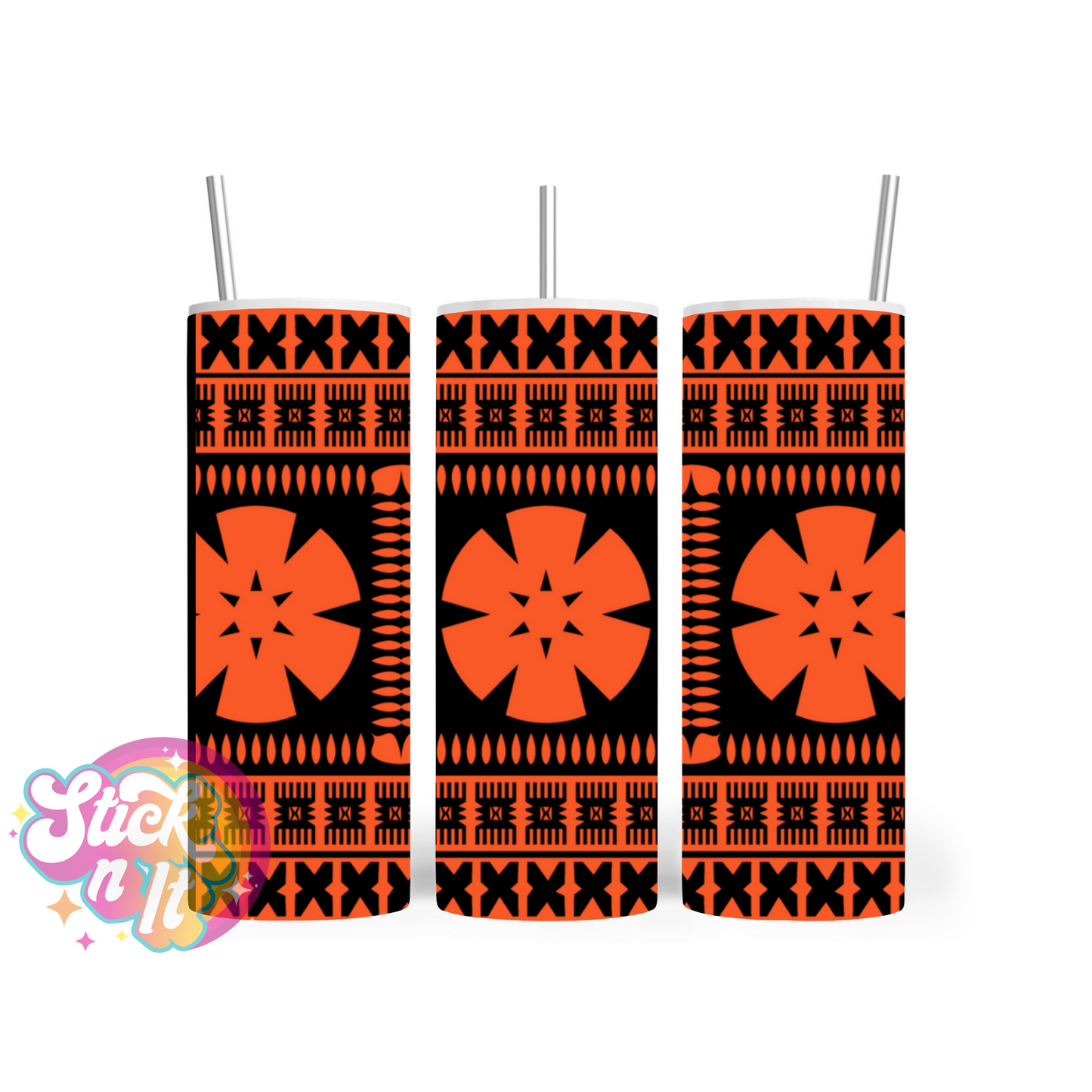 Stainless steel insulated tumbler featuring Fijian Polynesian design in orange