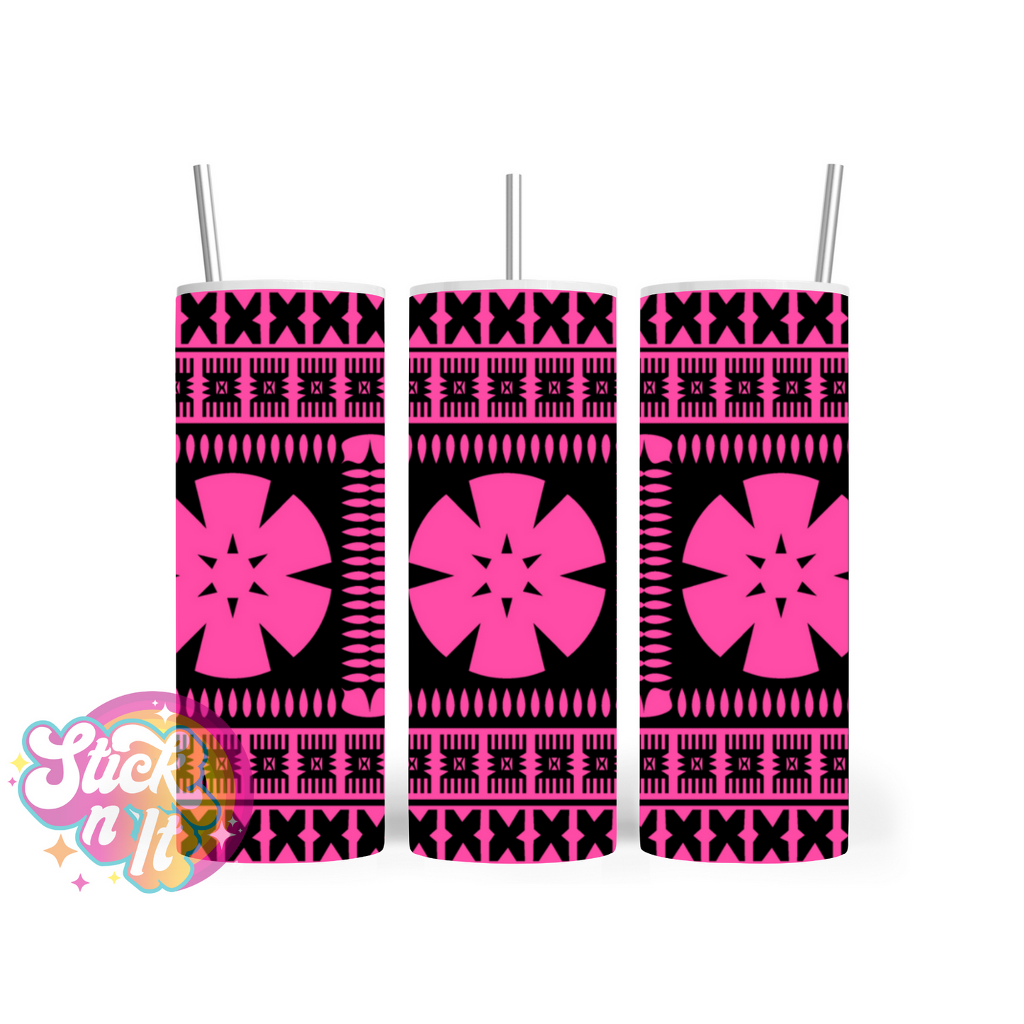 Stainless steel insulated tumbler featuring Fijian Polynesian design in pink