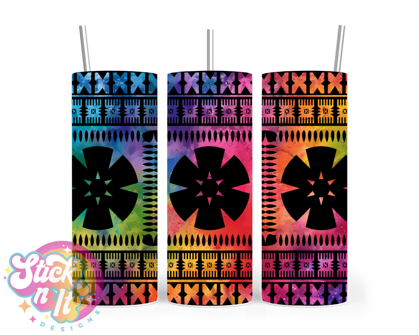 Stainless steel insulated tumbler featuring Fijian Polynesian design in watercolour