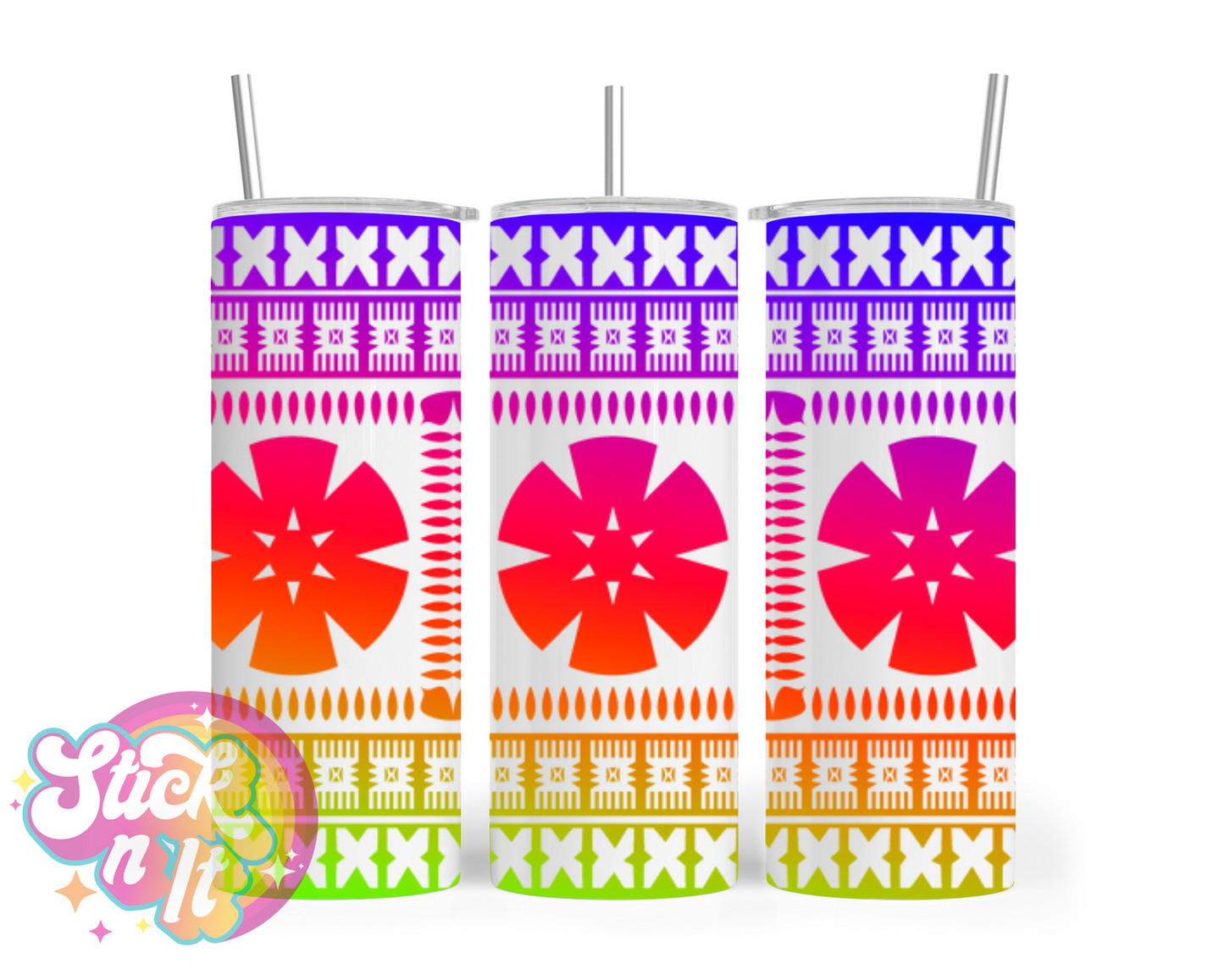 Stainless steel insulated tumbler featuring Fijian Polynesian design in neon