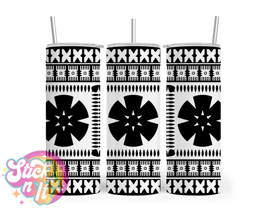 Stainless steel insulated tumbler featuring Fijian Polynesian design in black and white