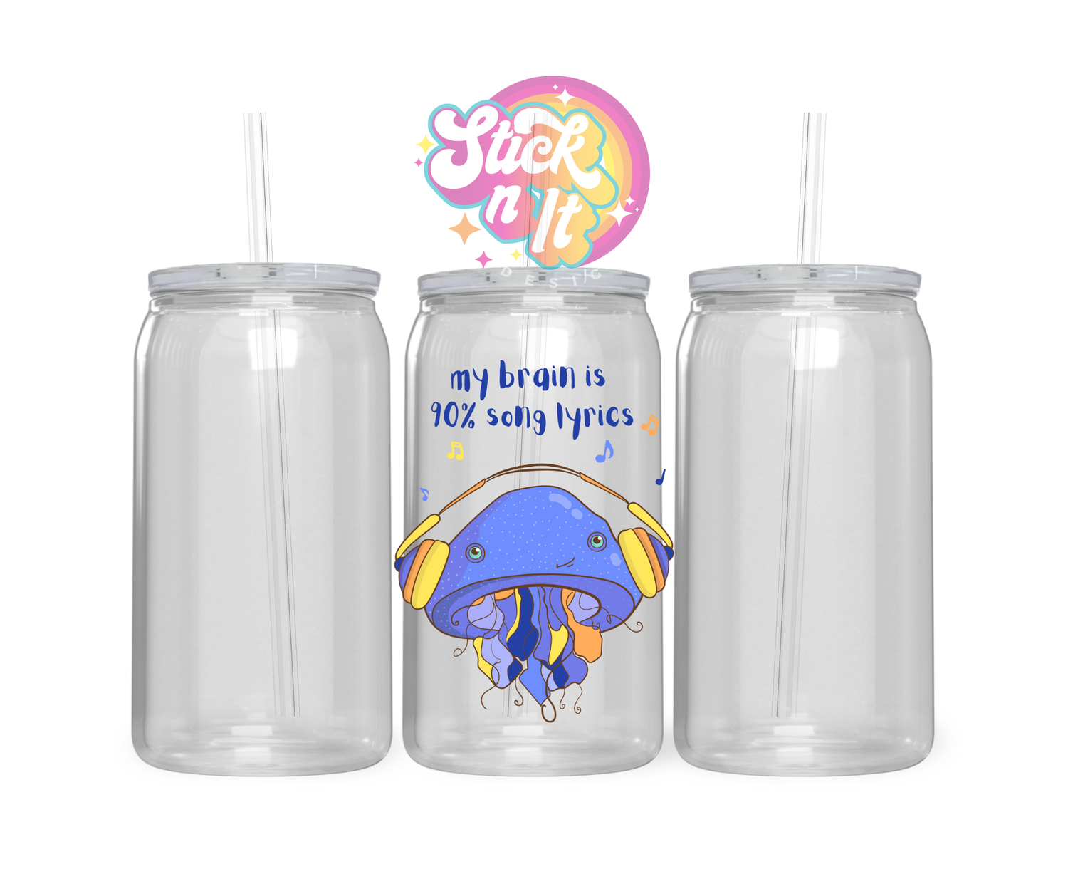 Acrylic cup featuring cute jellyfish and quote My brain is 90% song lyrics