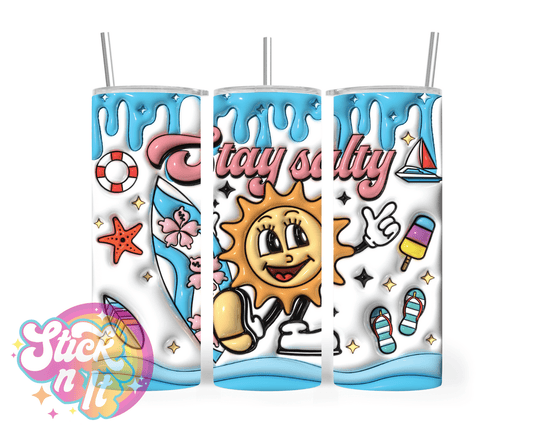 Stainless steel insulated tumbler featuring quote Stay salty