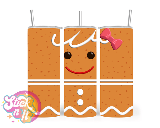 Stainless steel insulated Christmas tumbler featuring a gingerbread girl