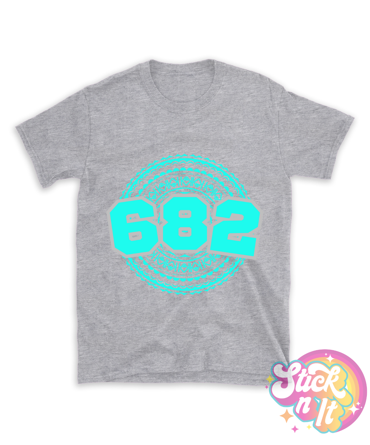 Unisex grey shirt featuring a Polynesian Cook Islands design with area code 682 in aqua