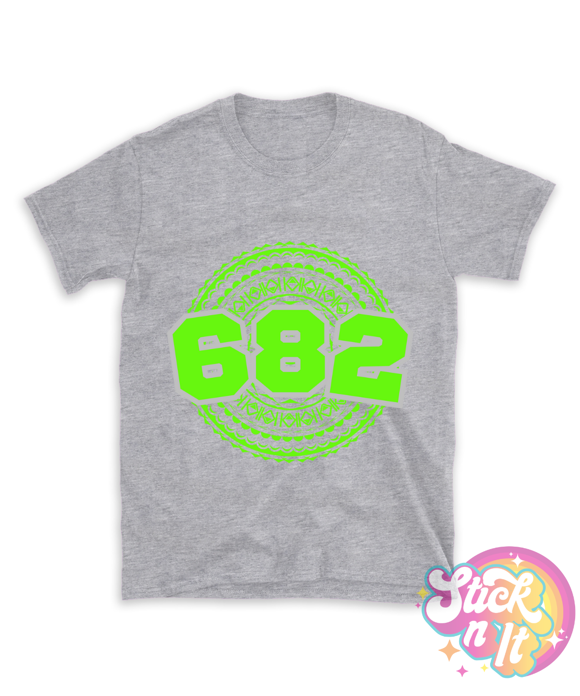 Unisex grey shirt featuring a Polynesian Cook Islands design with area code 682 in lime