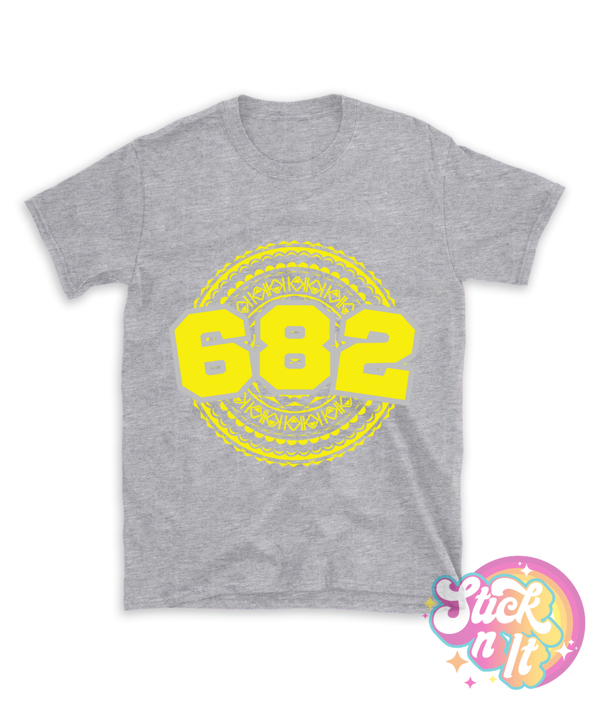 Unisex grey shirt featuring a Polynesian Cook Islands design with area code 682 in yellow