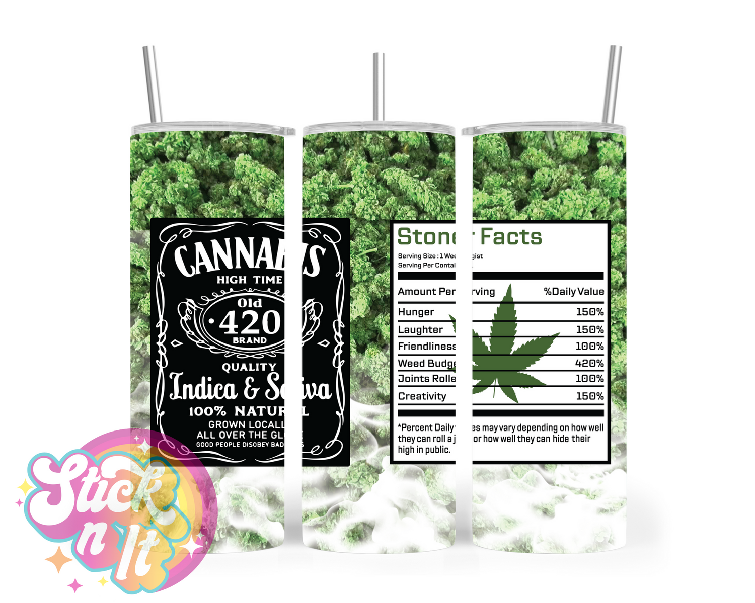 420 themed stainless steel insulated tumbler featuring cannabis buds and nutritional panel