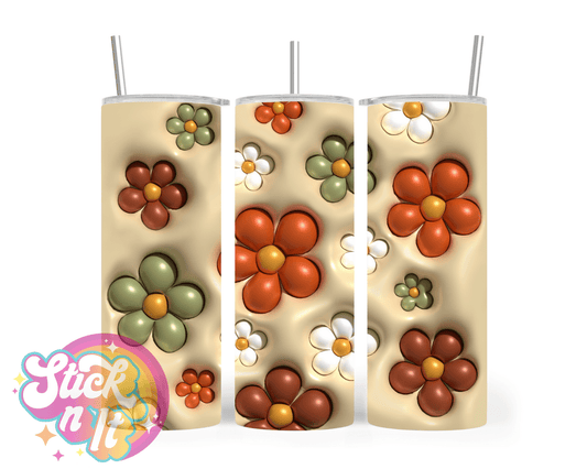 Stainless steel insulated tumbler featuring retro flowers in neutral colours