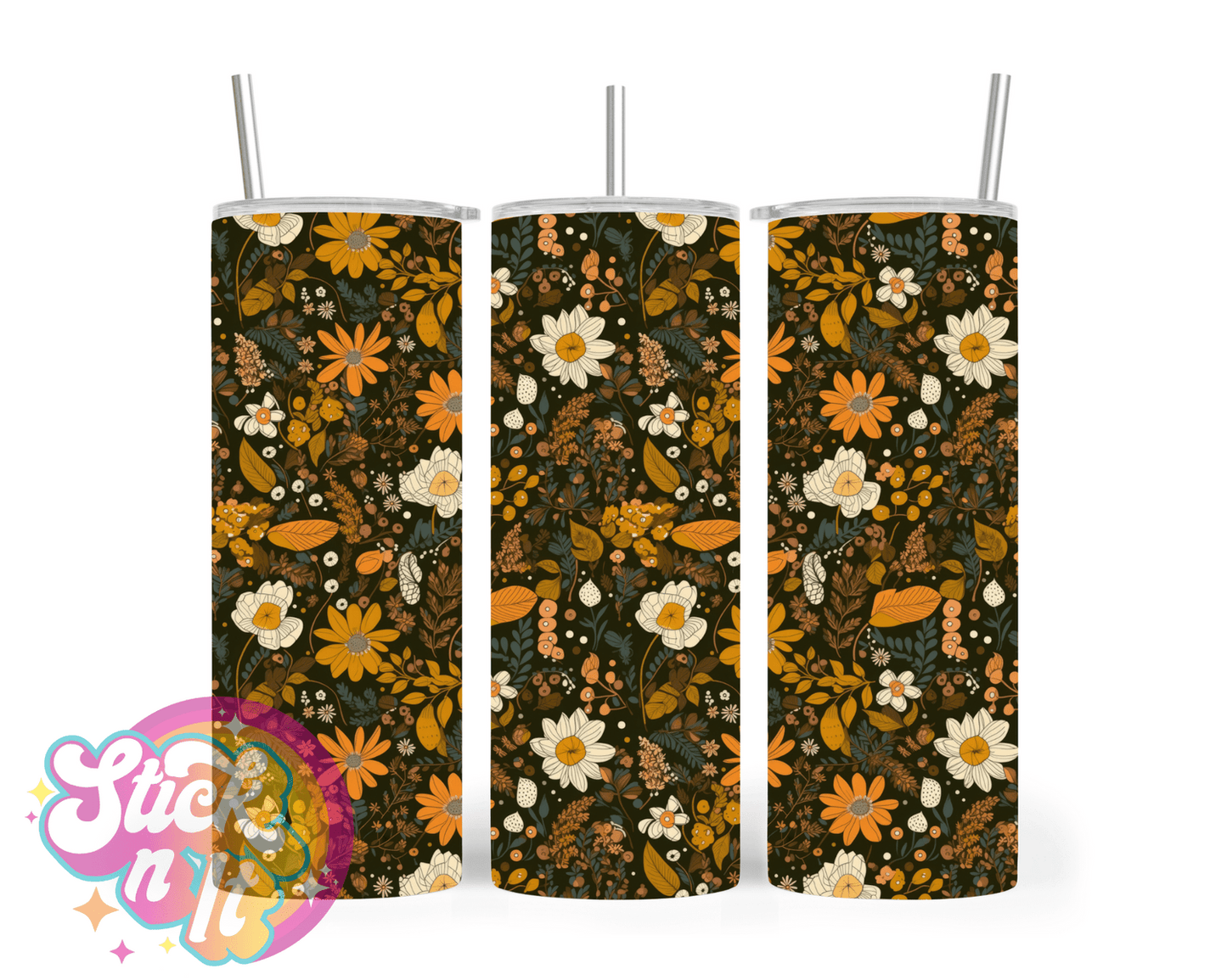 Stainless steel insulated tumbler featuring retro flowers in browns