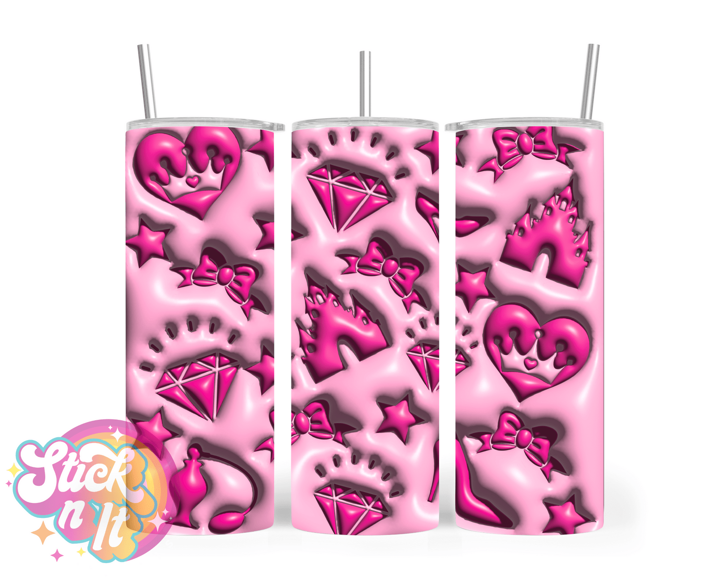 Stainless steel insulated tumbler featuring pink diamonds, bows, tiaras, crowns and stars