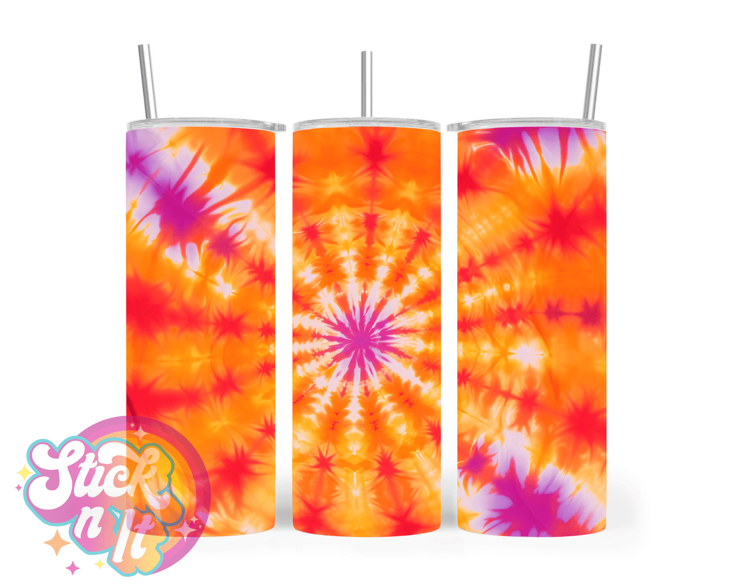 Stainless steel insulated tumbler featuring tie dye design in purple and orange