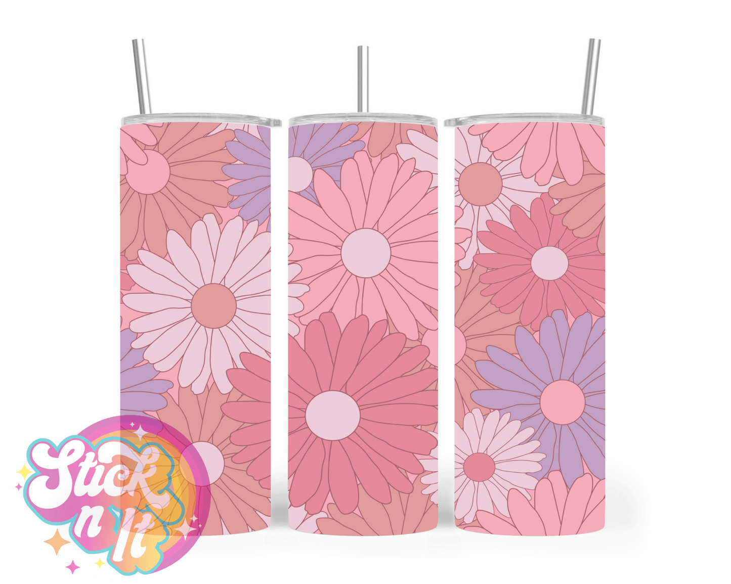 Stainless steel insulated tumbler featuring retro flowers in pinks